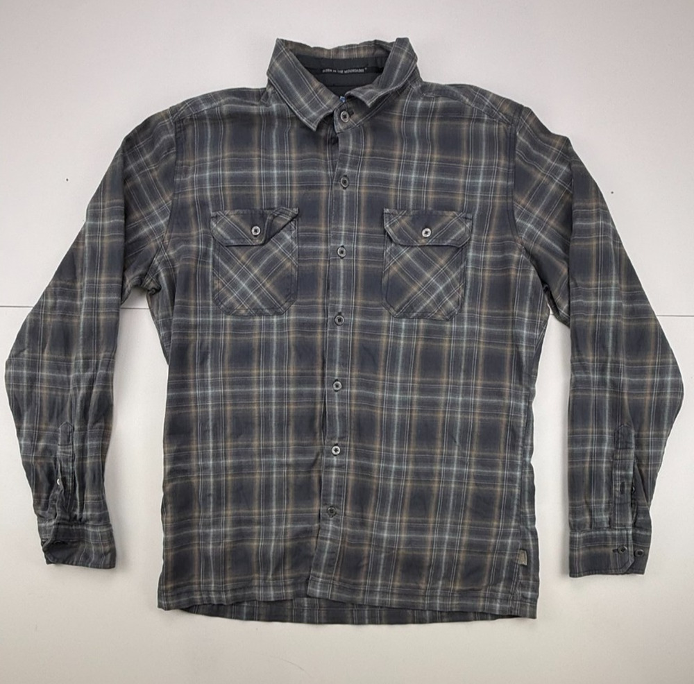 KUHL Mens Medium Gray Plaid Flannel Shirt Long Sleeve Cotton Tencel 7186